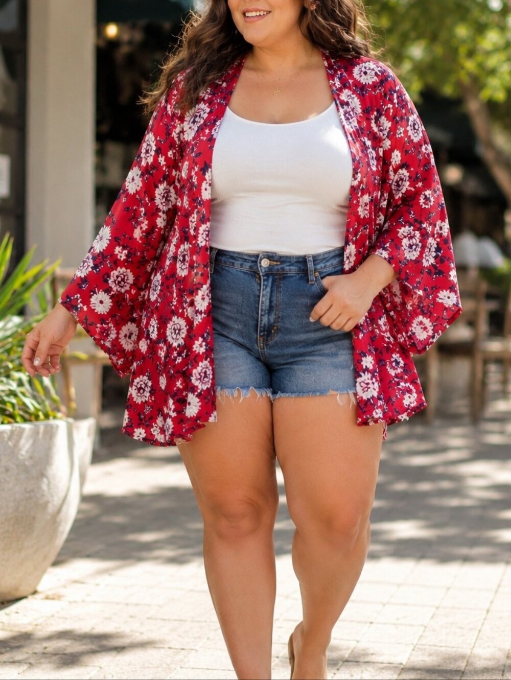 Torrid Plus Size Red Floral Open-Front Kimono Cardigan Boho Festival Layering